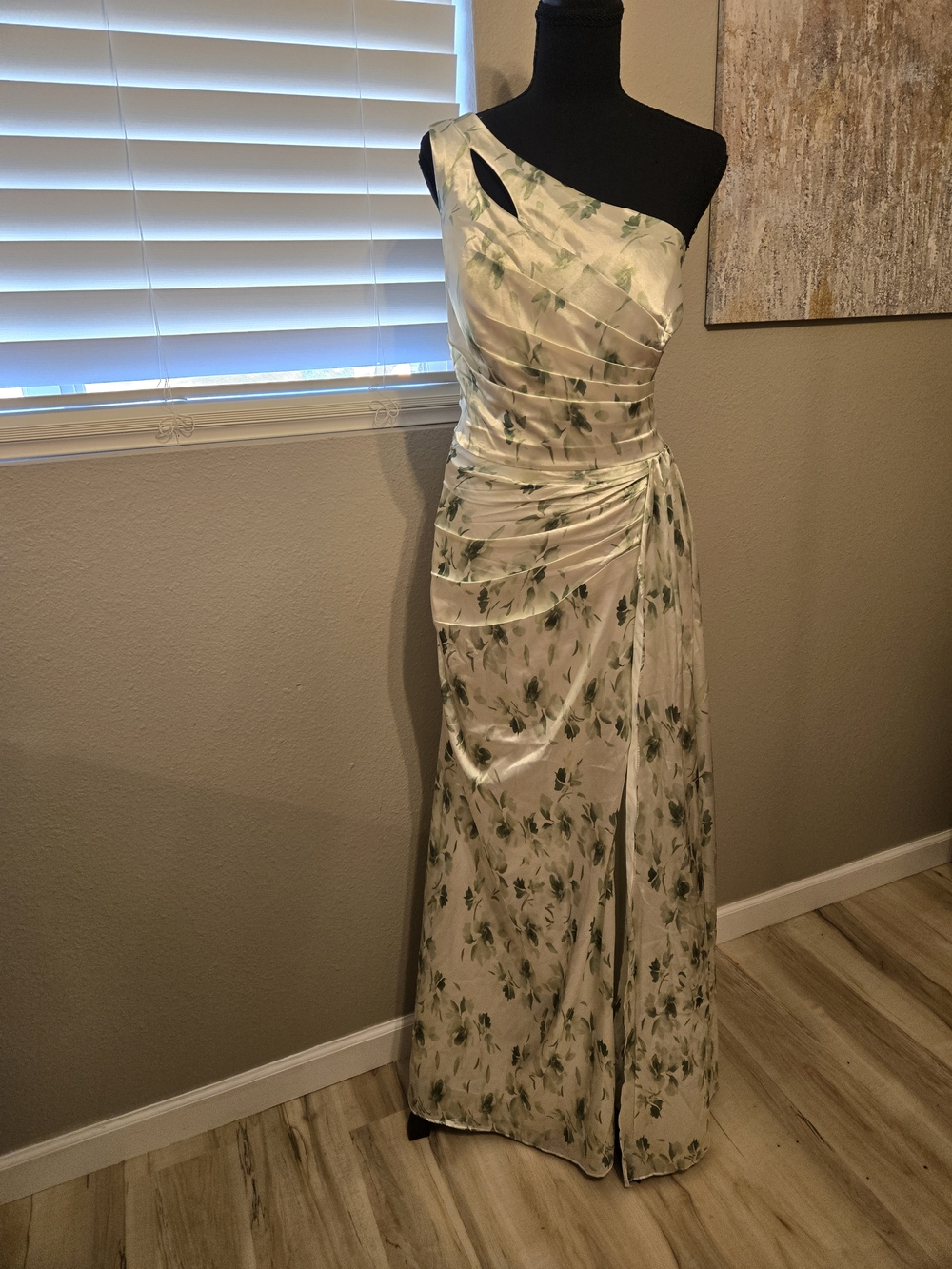 One-Shoulder Ivory and Green Floral Evening Dress